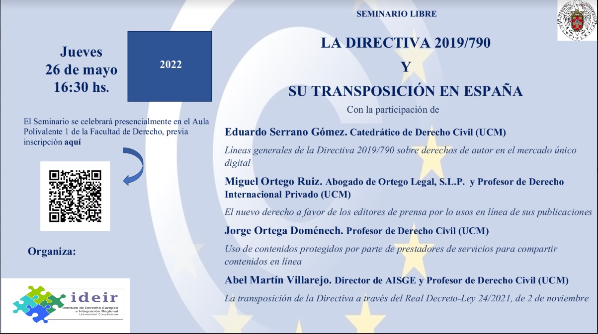 Webinario IDEIR sobre «La Directiva 2019/790 y su trasposición en España» (26 mayo, Aula Polivalente 1)